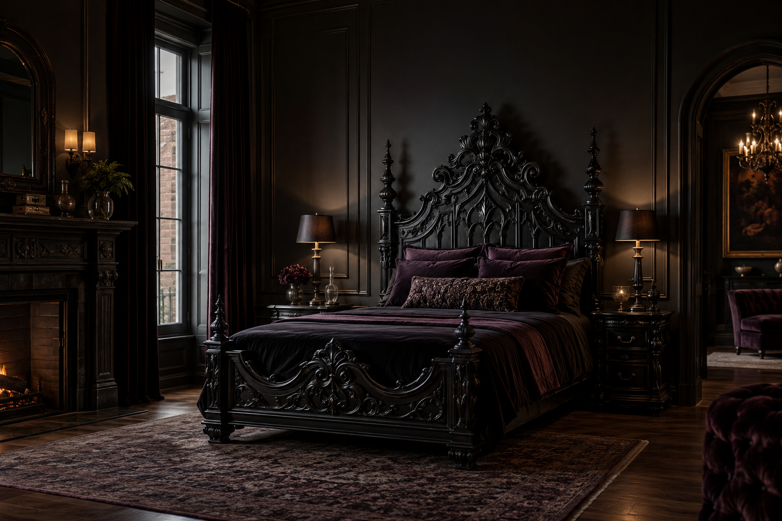 Modern dark romantic bedroom with black carved gothic furniture, velvet accents and warm layered lighting