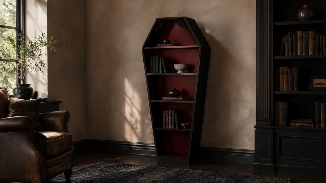 Haunt Crypt Keeper Coffin Bookcase in a refined dark library