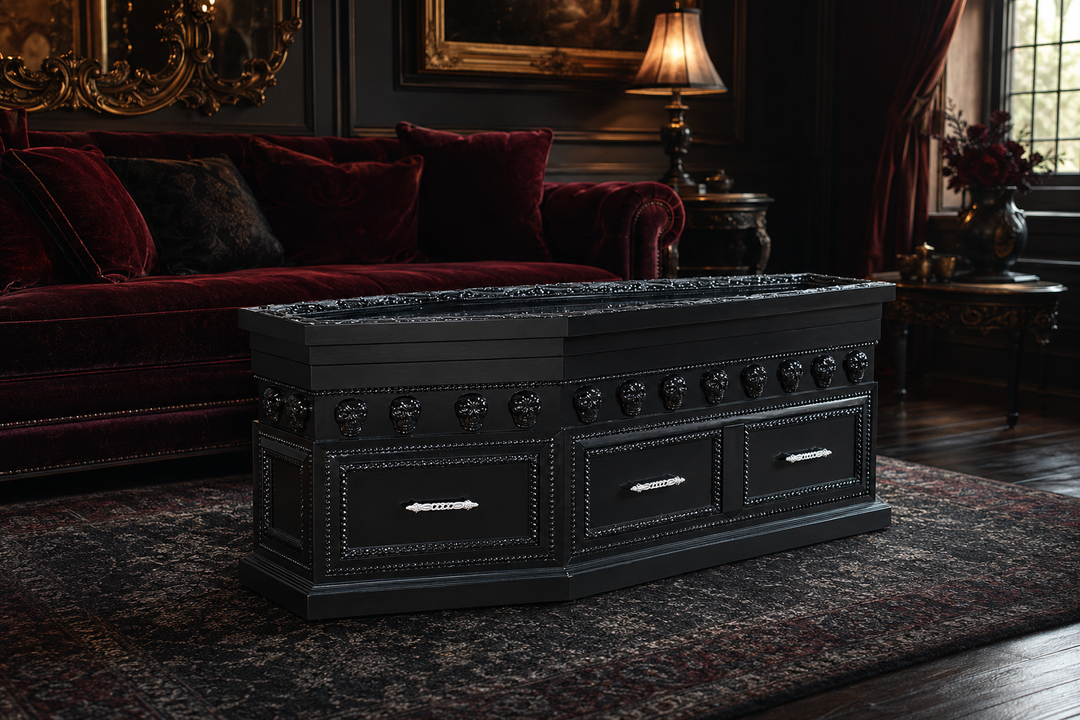 Black handcrafted coffin coffee table with skull carving in a dark luxury living room with oxblood velvet seating