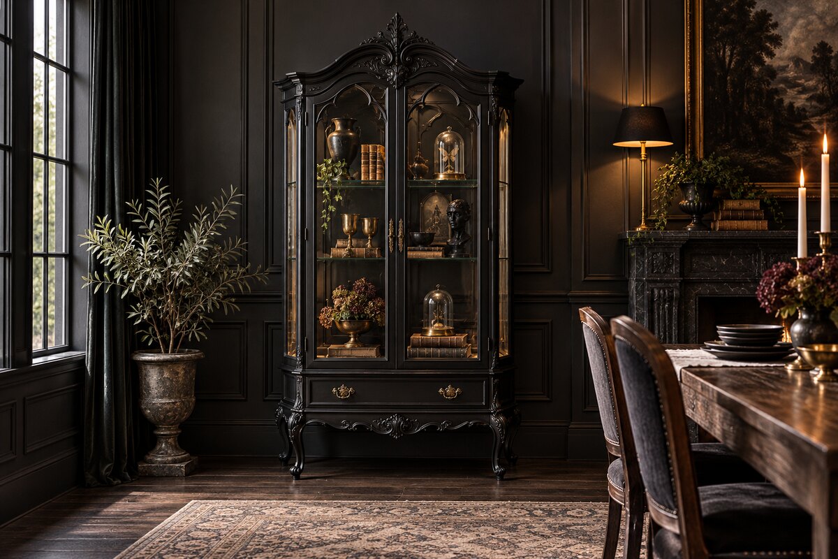 Black Countess gothic cabinet with glazed doors in a refined dark dining room