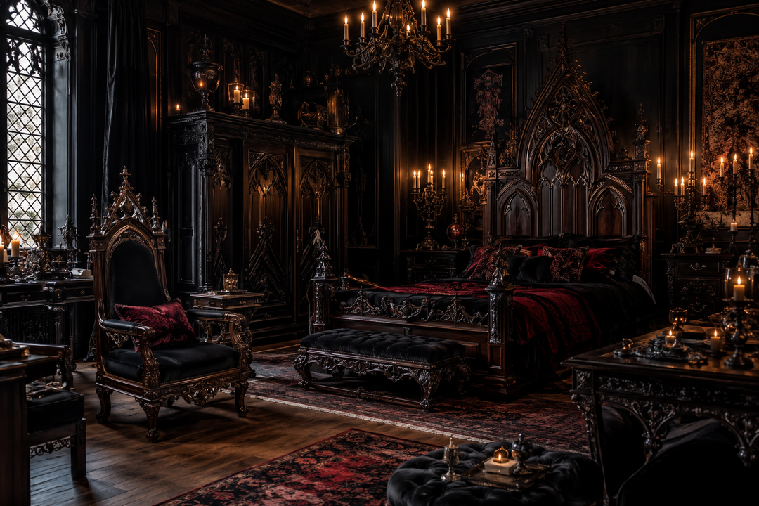 Dark romantic gothic bedroom showroom with carved statement furniture, candlelight, and mahogany-inspired details.