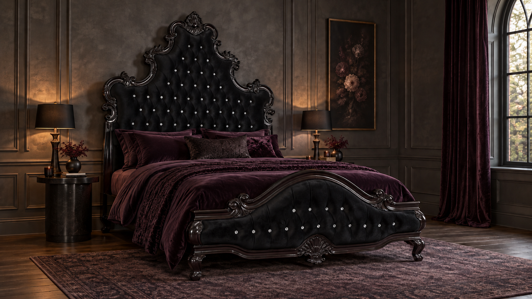 Haunt Aphrodite Bed in a refined dark romantic bedroom with plum bedding