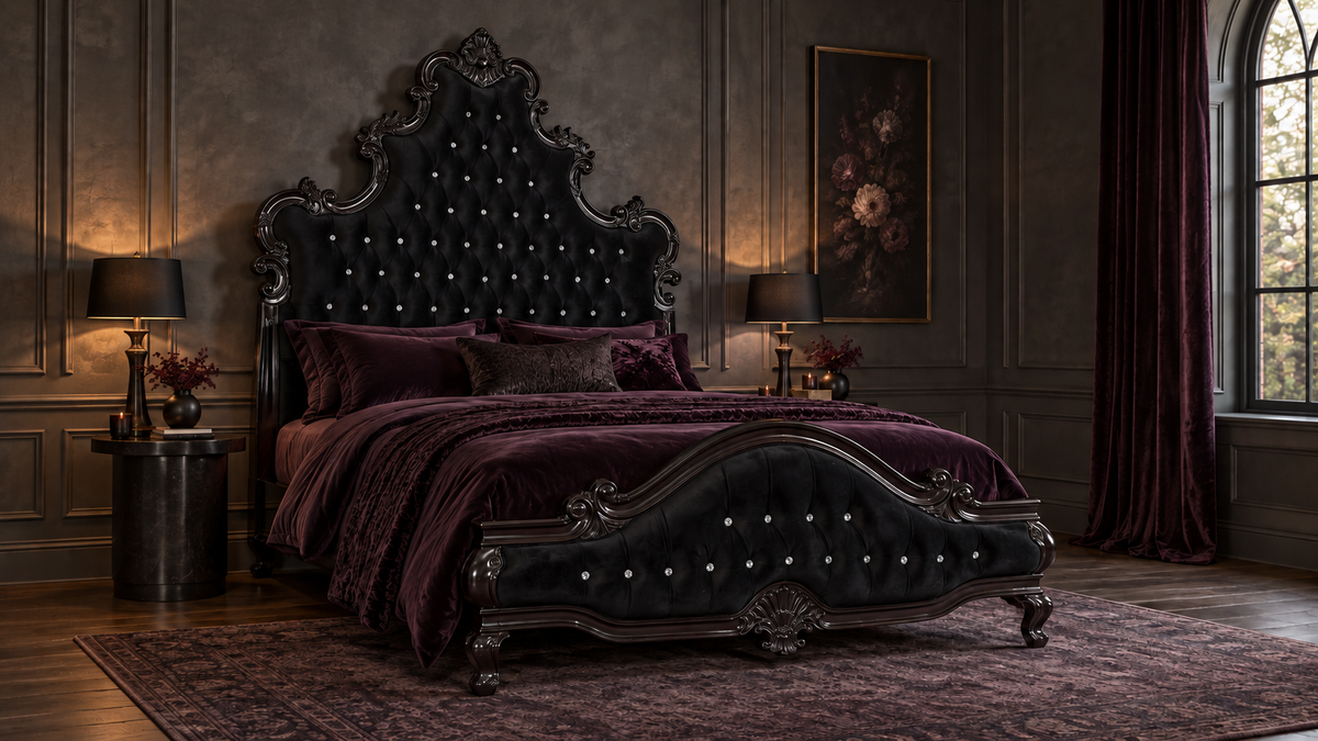 Haunt Aphrodite Bed in a refined dark romantic bedroom with plum bedding
