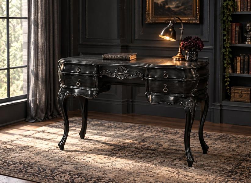 Black Countess writing desk with bowed drawers and carved apron in a dark library