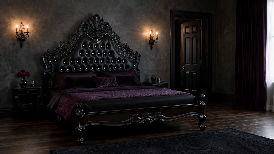 Seduce Bedazzled Bed in a spacious gothic bedroom layout with clear circulation and dark aubergine bedding