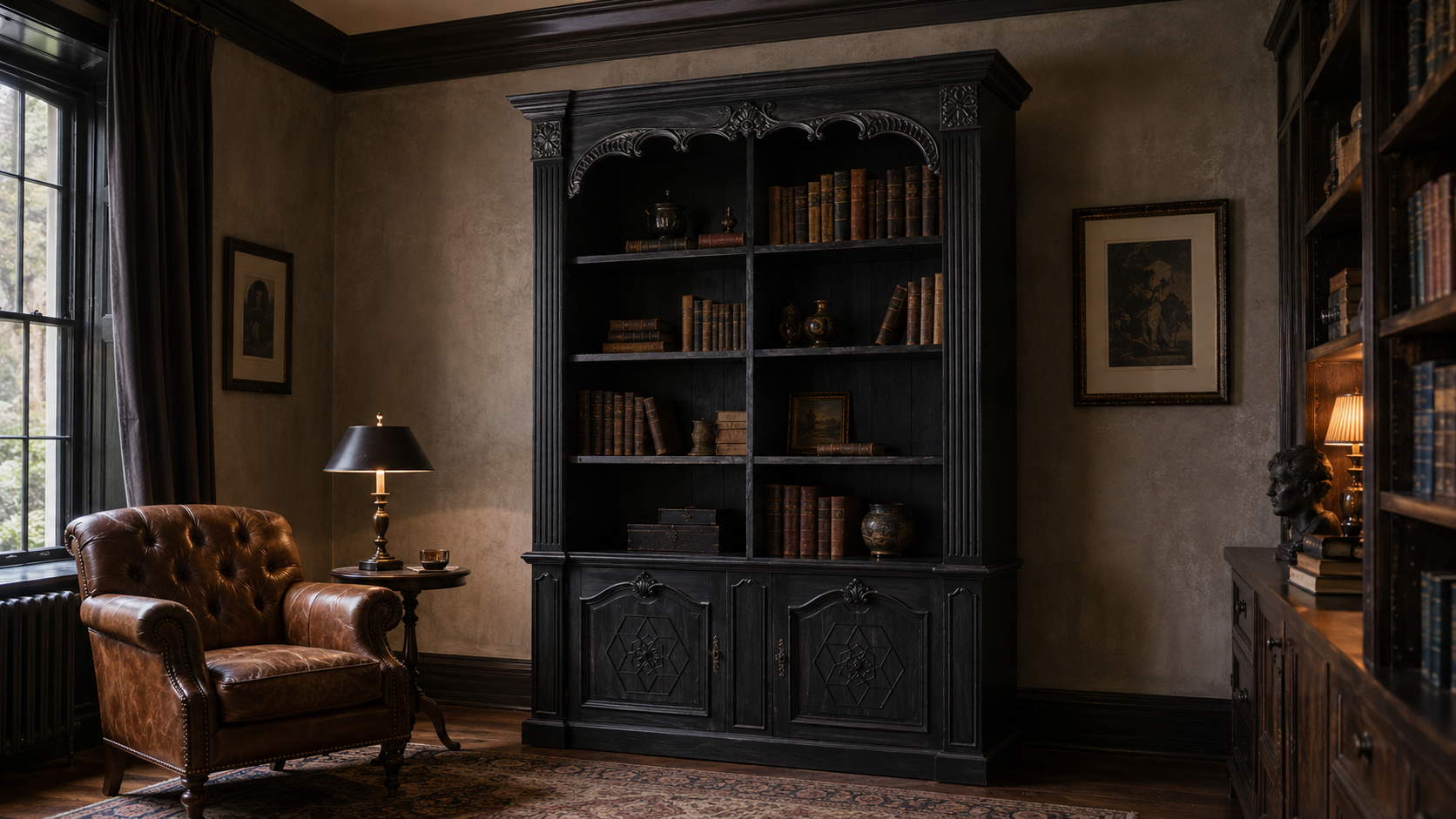 Haunt Alchemist gothic bookshelf in a refined dark academia library