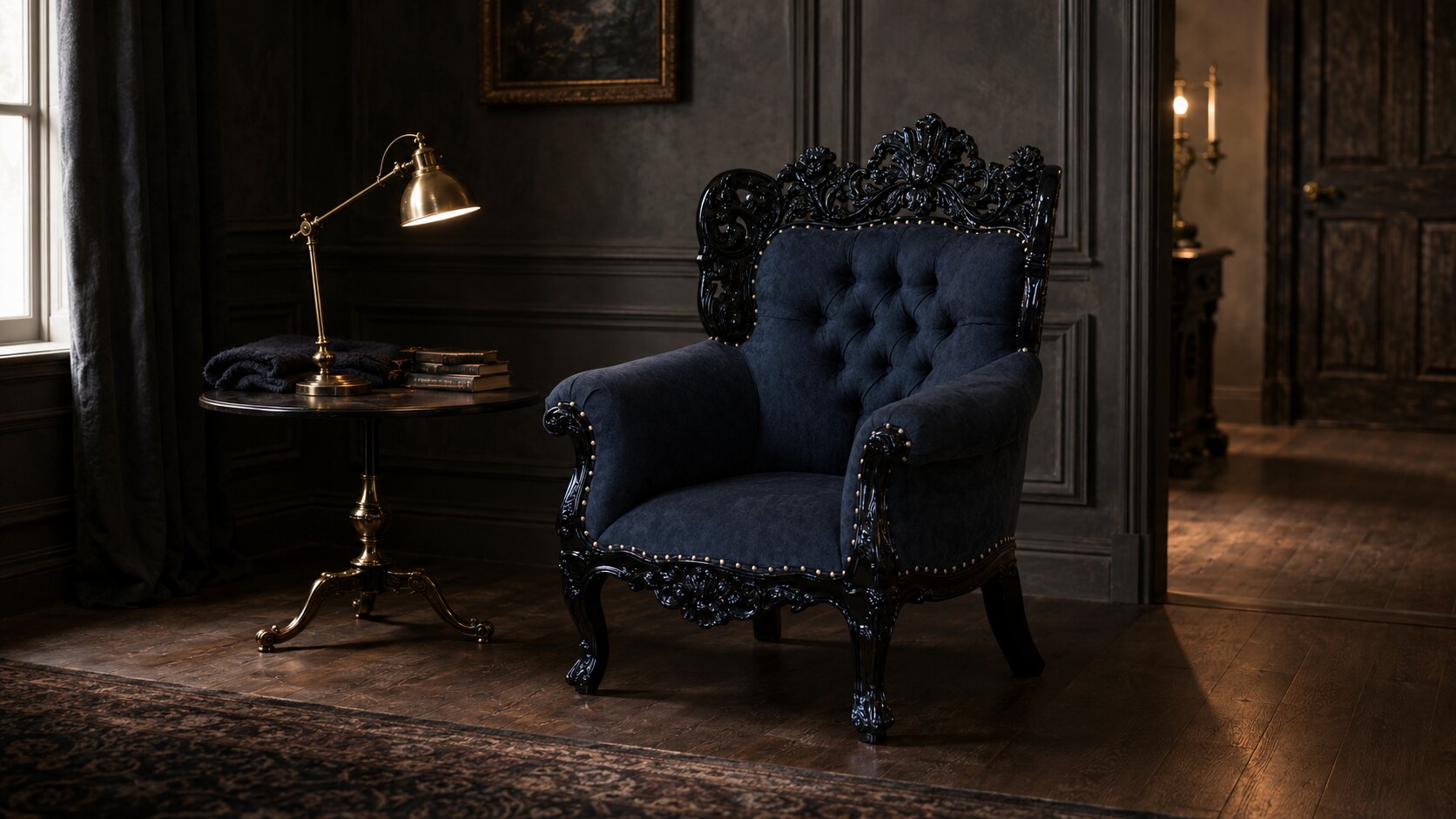 Haunt Nymph gothic chair in a dark romantic reading salon