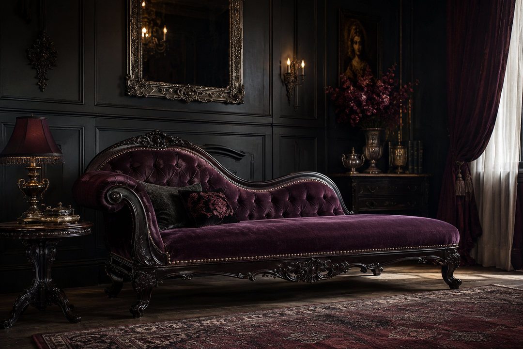 Dark romantic room with a purple velvet gothic chaise lounge, carved black frame and traditional wall paneling