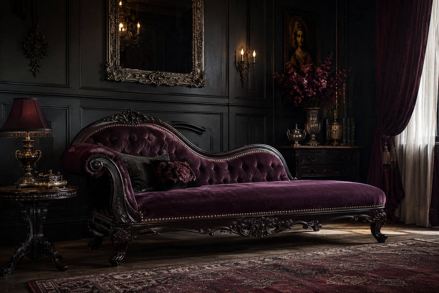 Dark romantic room with a purple velvet gothic chaise lounge, carved black frame and traditional wall paneling