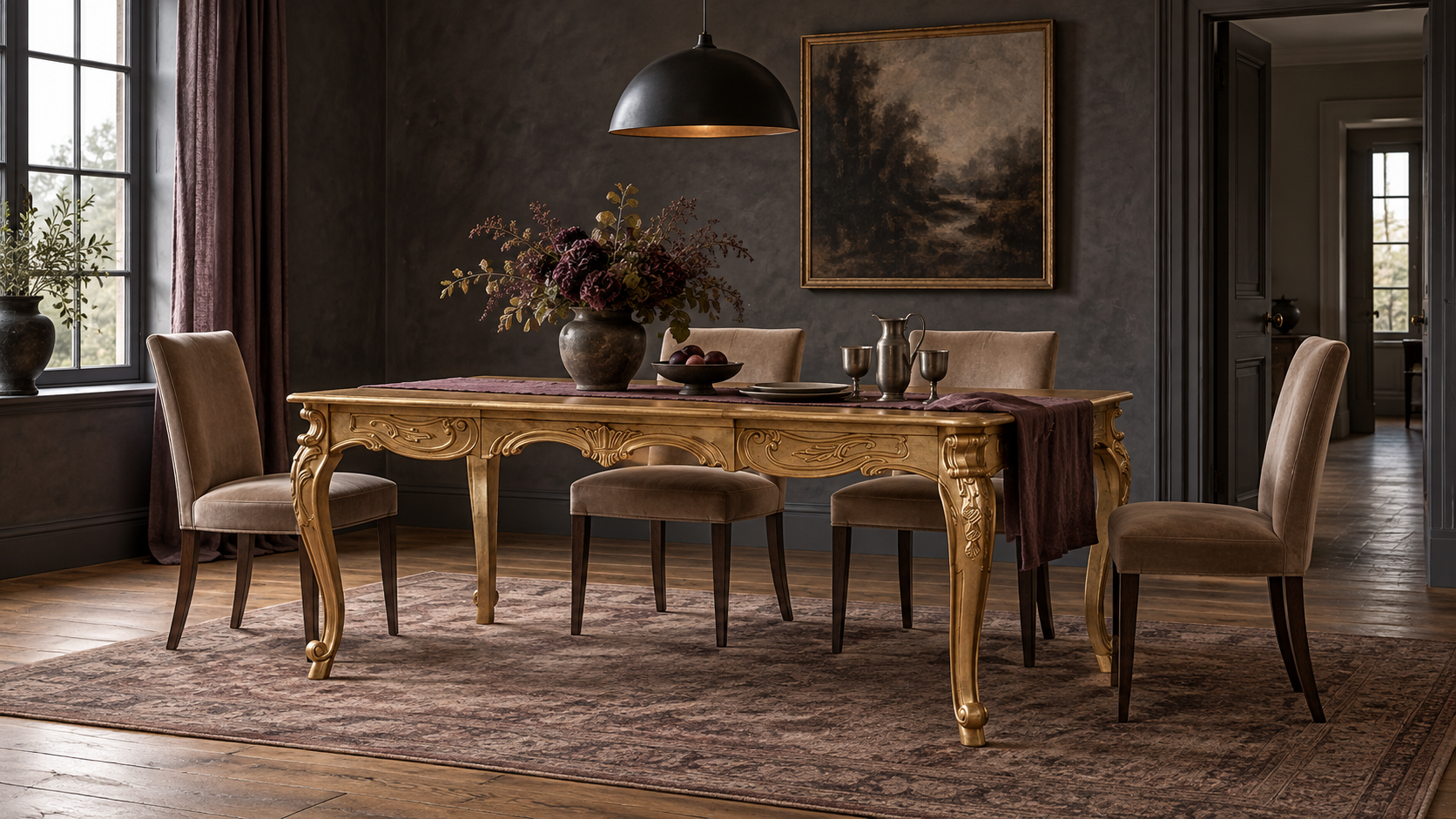 Haunt Nymph Dining Table in a refined dark romantic dining room