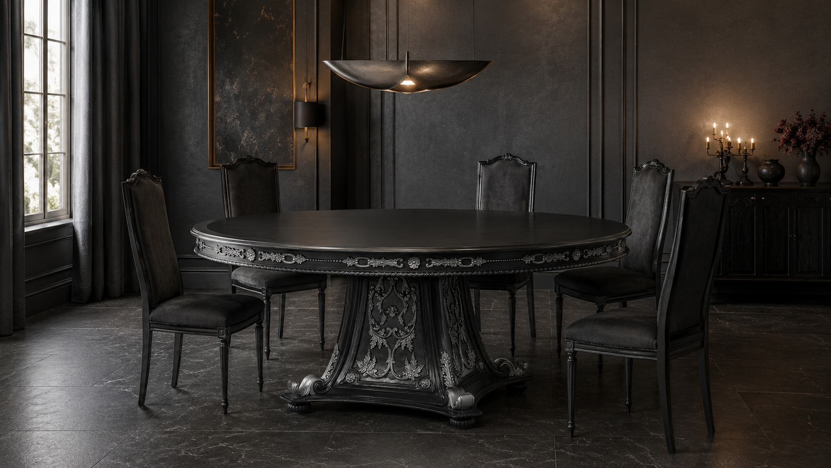 Haunt Countess round gothic dining table in a refined dark dining room
