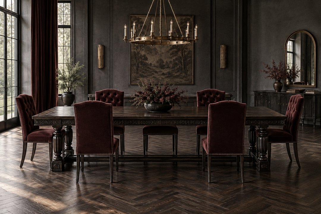 Long black carved dining table with oxblood velvet chairs in a modern
gothic dining room