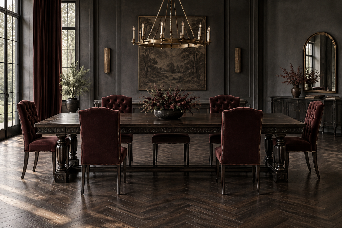 Long black carved dining table with oxblood velvet chairs in a modern
gothic dining room