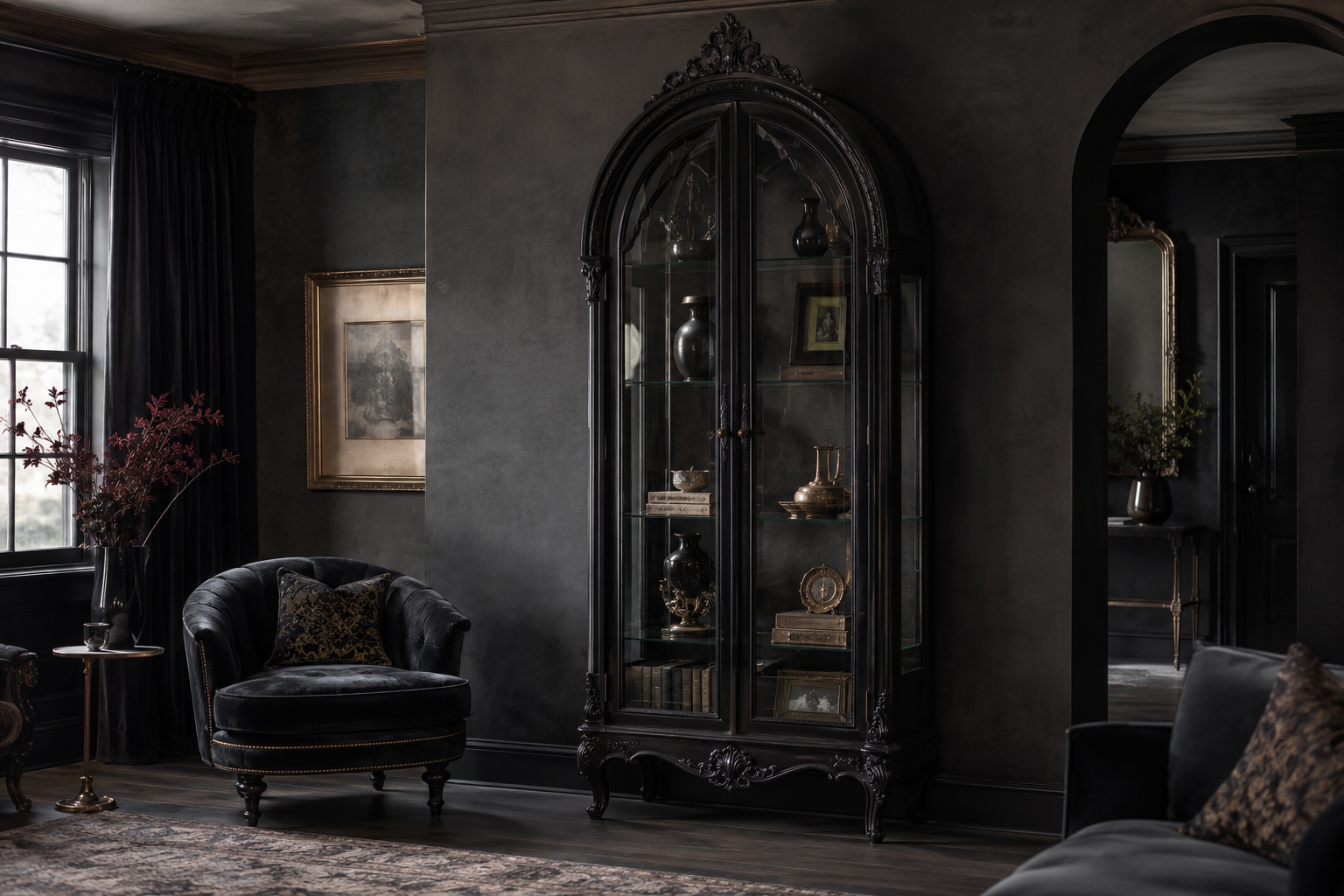 A tall black gothic display cabinet with glass shelves in a dark romantic living room with carved furniture and soft window light