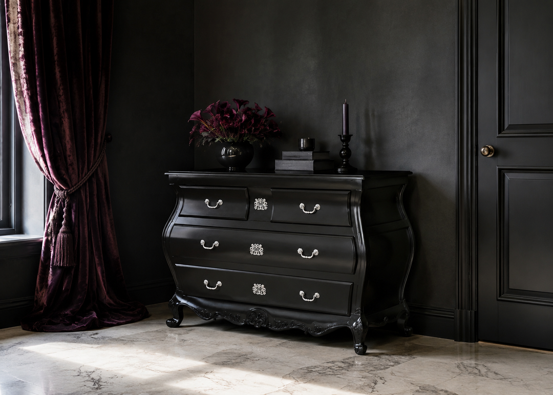 Black Countess gothic dresser in a dark romantic bedroom with plum velvet drapery