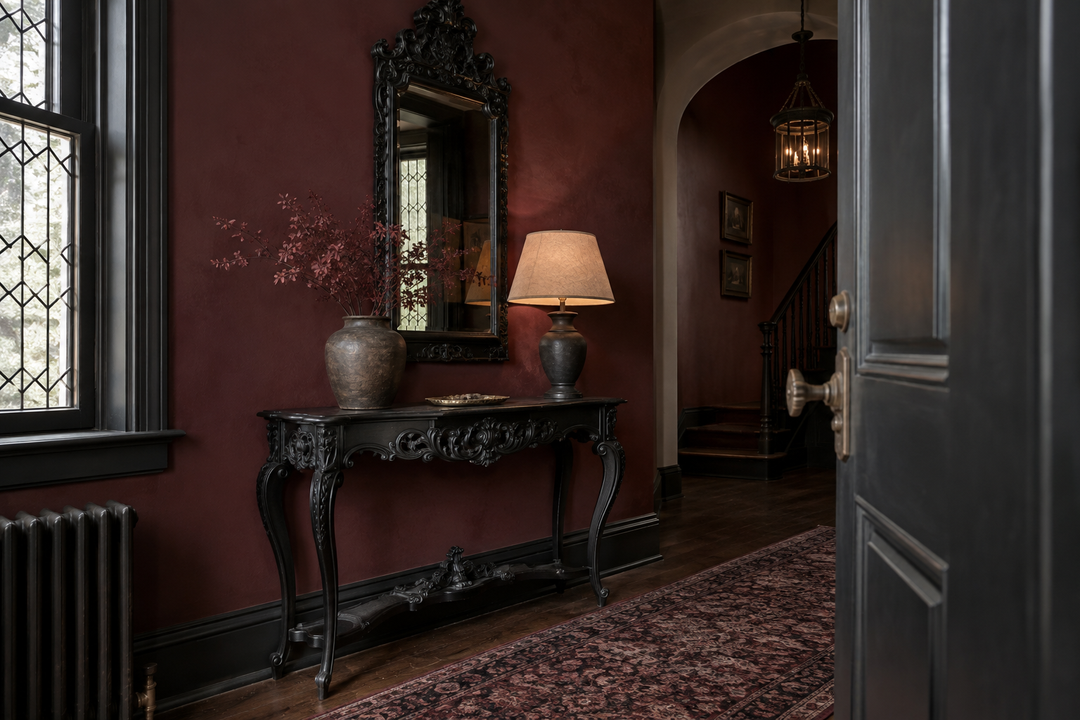 Modern gothic entryway with a carved black hall table, ornate mirror and oxblood walls