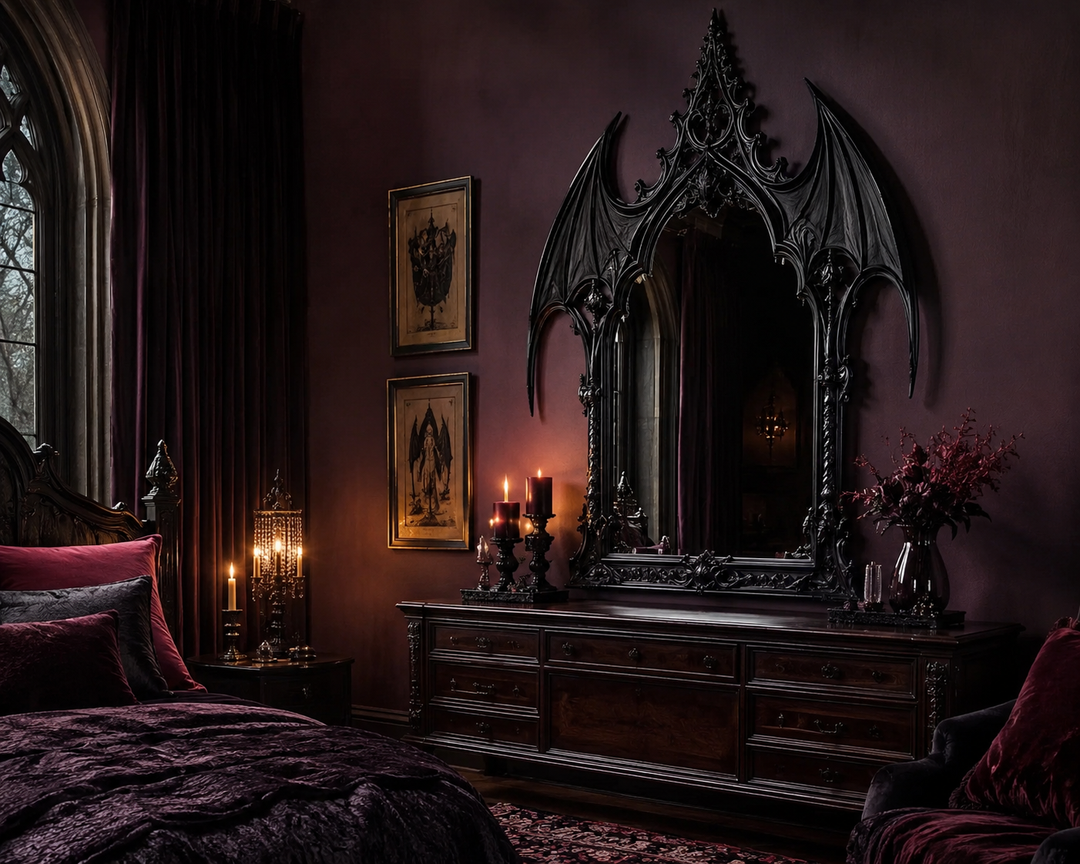 A dark romantic bedroom with an ornate black gothic wall mirror, mahogany furniture, black velvet accents, and deep burgundy textiles.