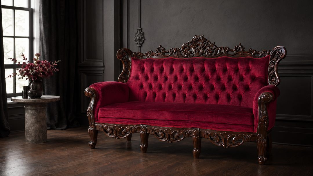 Haunt Maleficent Lounge in burgundy upholstery within a refined dark gothic salon