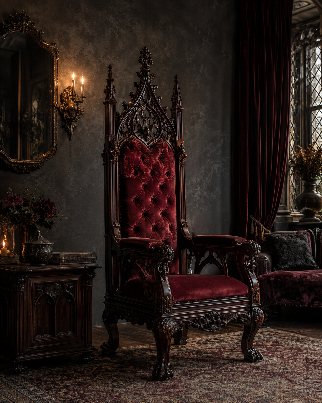 A dark romantic living room with a carved gothic throne chair, mahogany furniture, velvet textiles, and warm candlelit atmosphere.