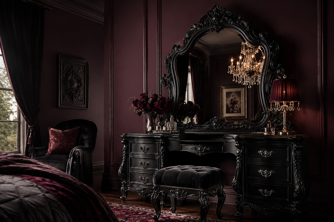 Dark romantic bedroom with a black carved gothic vanity, ornate mirror, velvet stool, plum walls, and warm lamplight