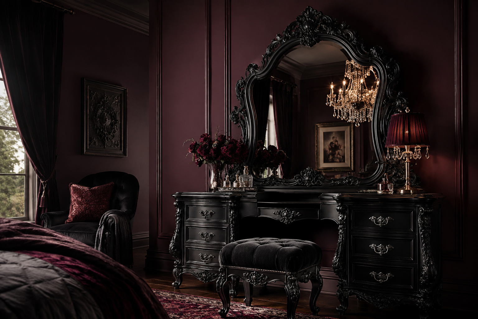 Dark romantic bedroom with a black carved gothic vanity, ornate mirror, velvet stool, plum walls, and warm lamplight