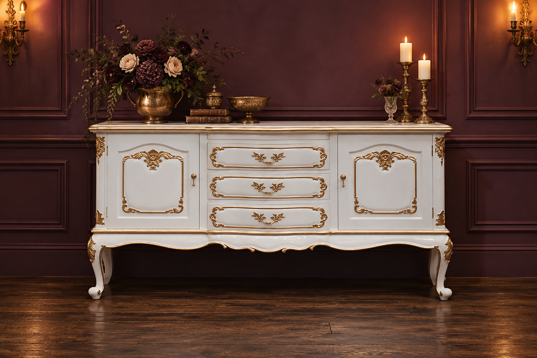 Haunt Cinderella Buffet in white and gold against plum wall panels