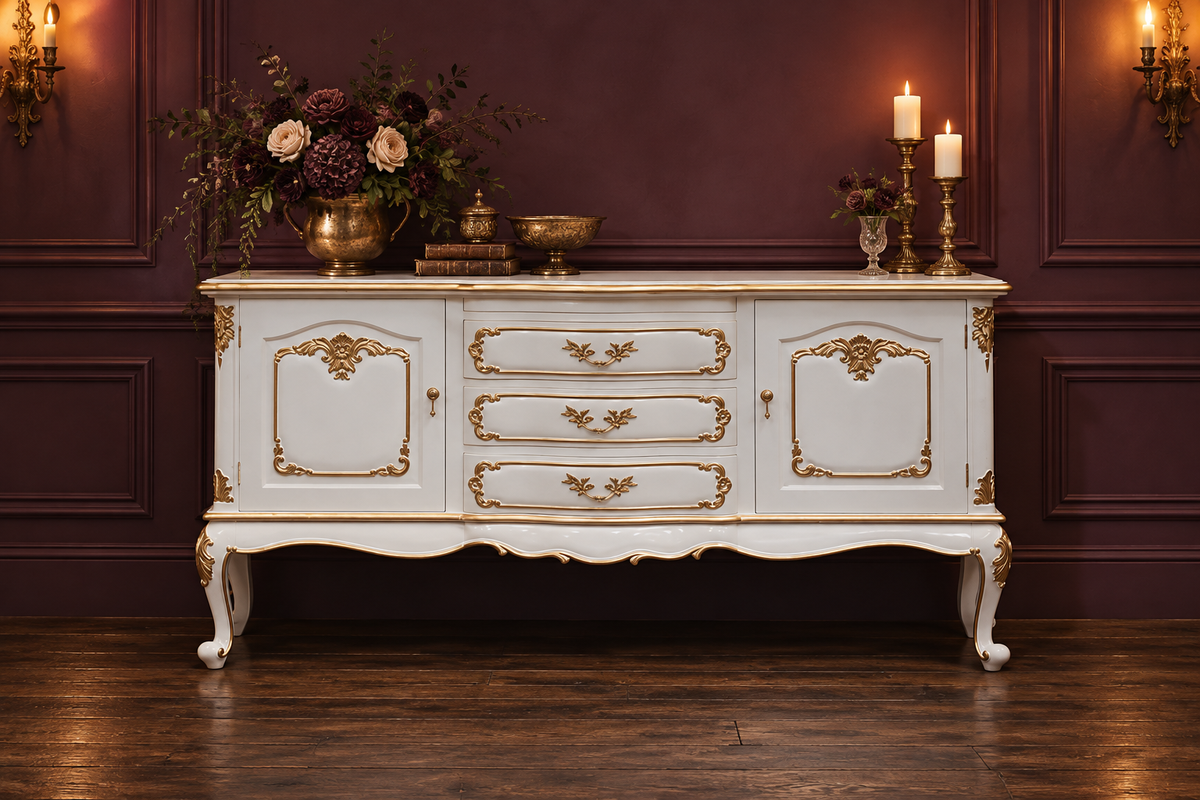 Haunt Cinderella Buffet in white and gold against plum wall panels