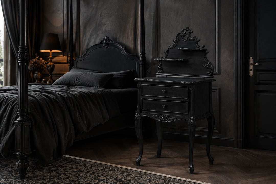 Haunt Maleficent Side Table beside a black four-poster bed in a gothic bedroom