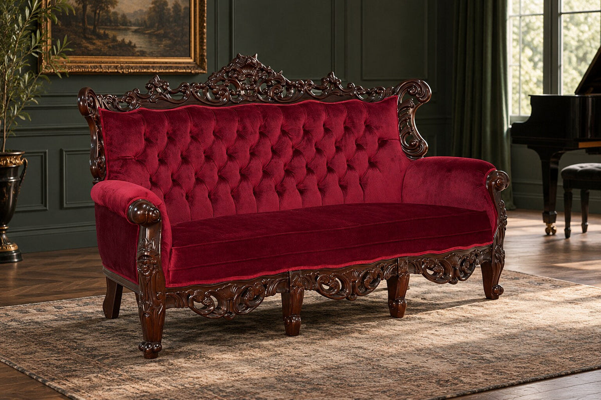 Haunt Maleficent Lounge with burgundy tufted upholstery and dark carved timber in a private music room
