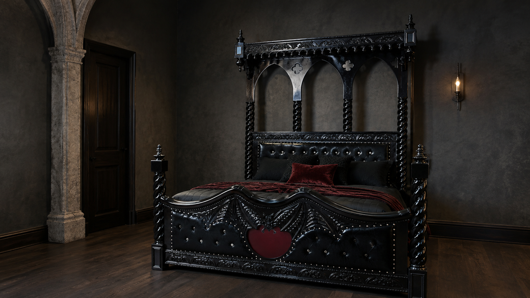Queen of the Damned Cathedral Bed in a refined castle bedroom with charcoal walls and oxblood accents