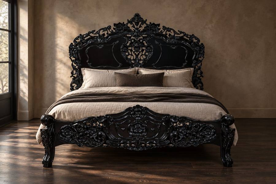 Haunt Nymph Bed with openwork carved black headboard in a restrained bedroom