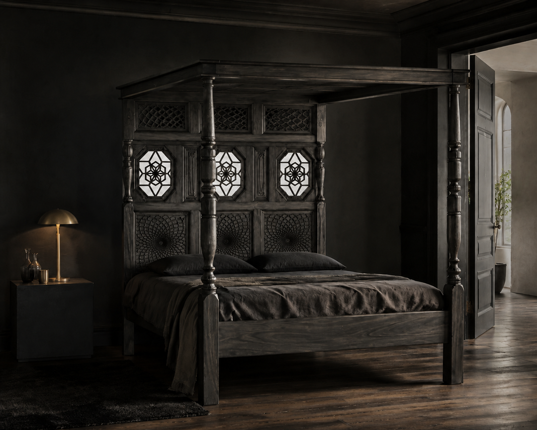 Haunt Alchemist Bed in a restrained dark occult-inspired bedroom