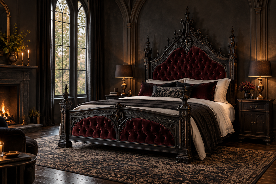 Black carved gothic bed with oxblood velvet upholstery in a dark romantic bedroom