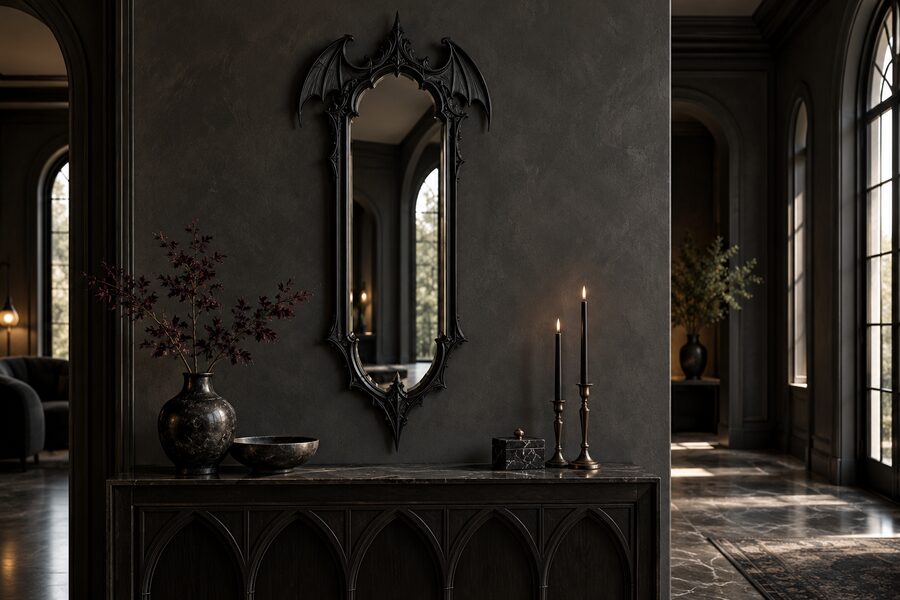 Queen of the Damned gothic wall mirror with a black carved bat-wing frame above a dark console