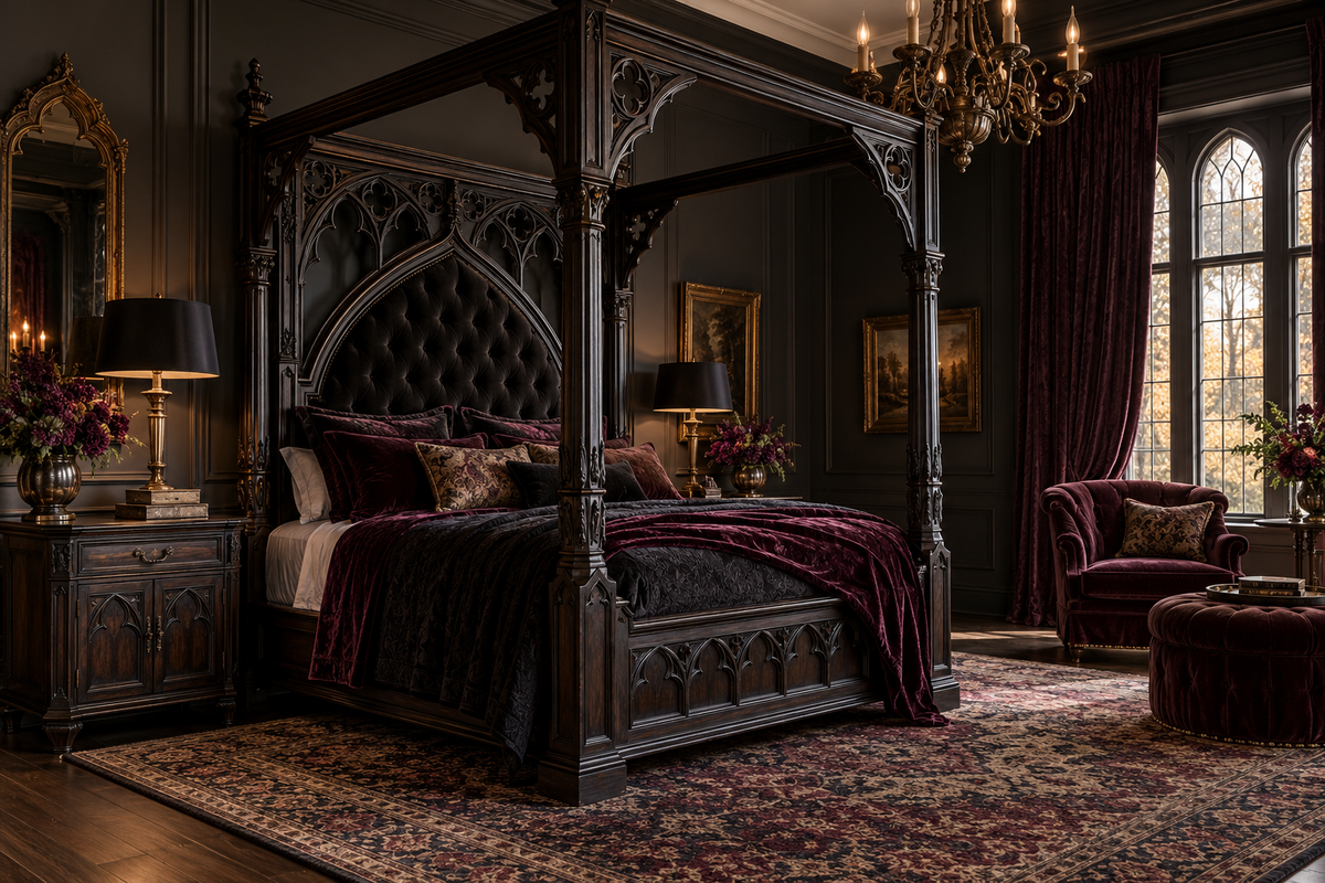 Black carved gothic canopy bed in a dark romantic bedroom with plum velvet accents