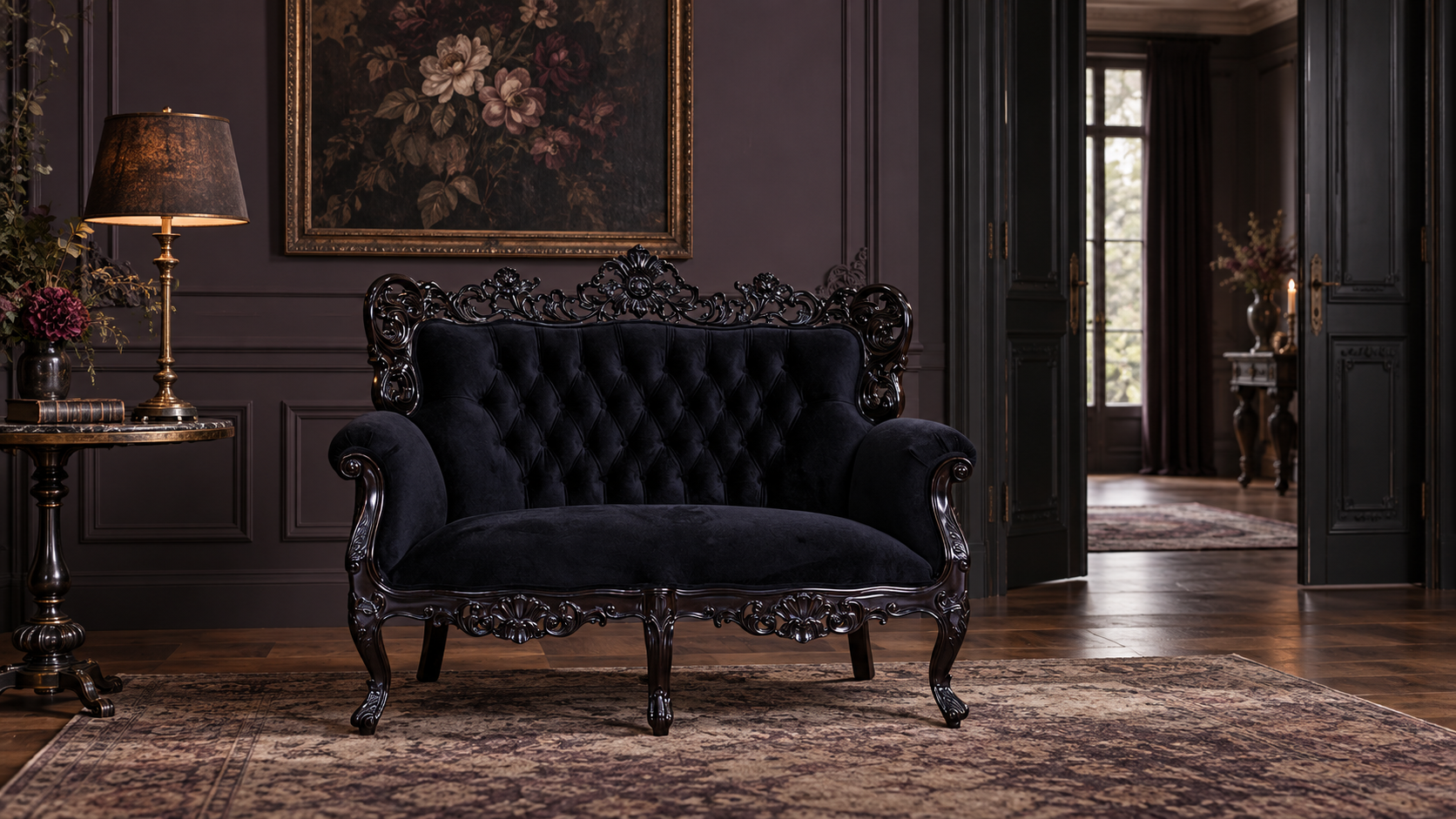 Haunt Nymph Love Seat in a restrained dark romantic rococo-inspired salon