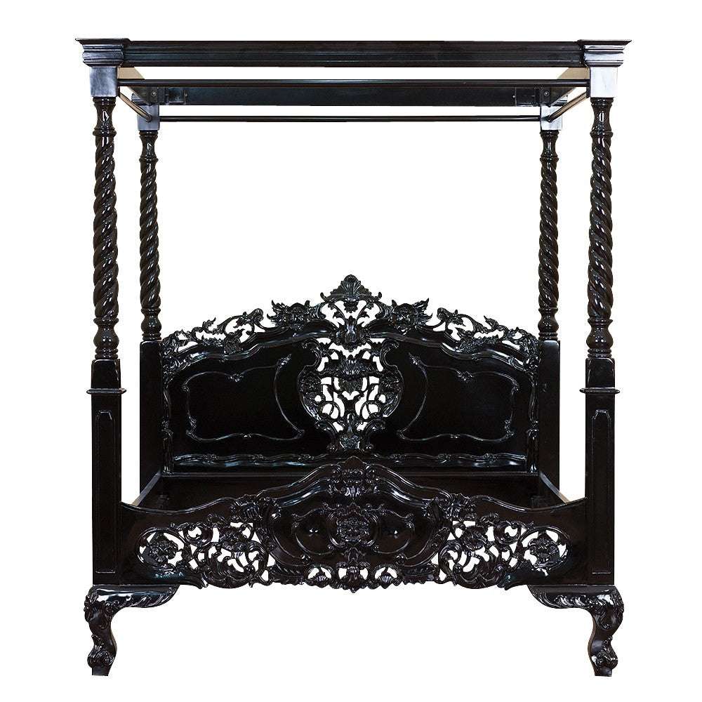 Angled view of the Nymph Canopy Bed highlighting the sculptural canopy posts, carved timber frame and romantic gothic silhouette