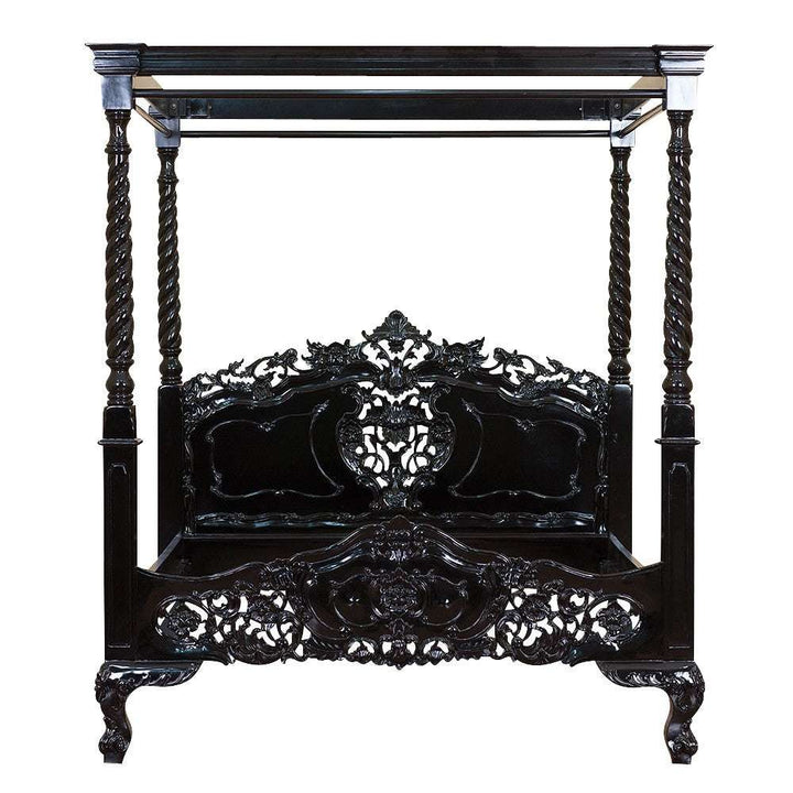 Angled view of the Nymph Canopy Bed showing sculptural carved posts, canopy frame and romantic gothic bedroom style