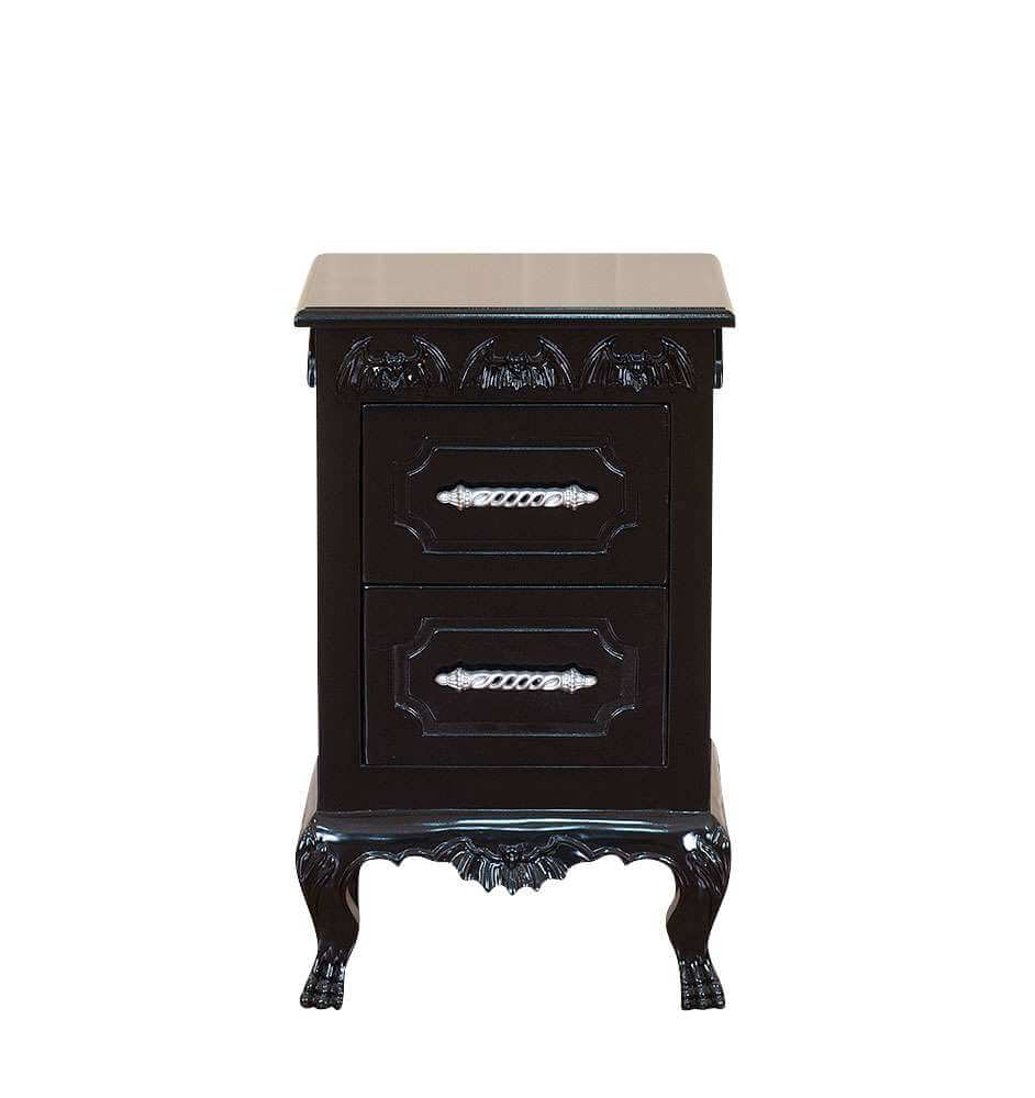 Haunt Queen of the Damned Side Table with bat carving, two drawer fronts and carved gothic feet