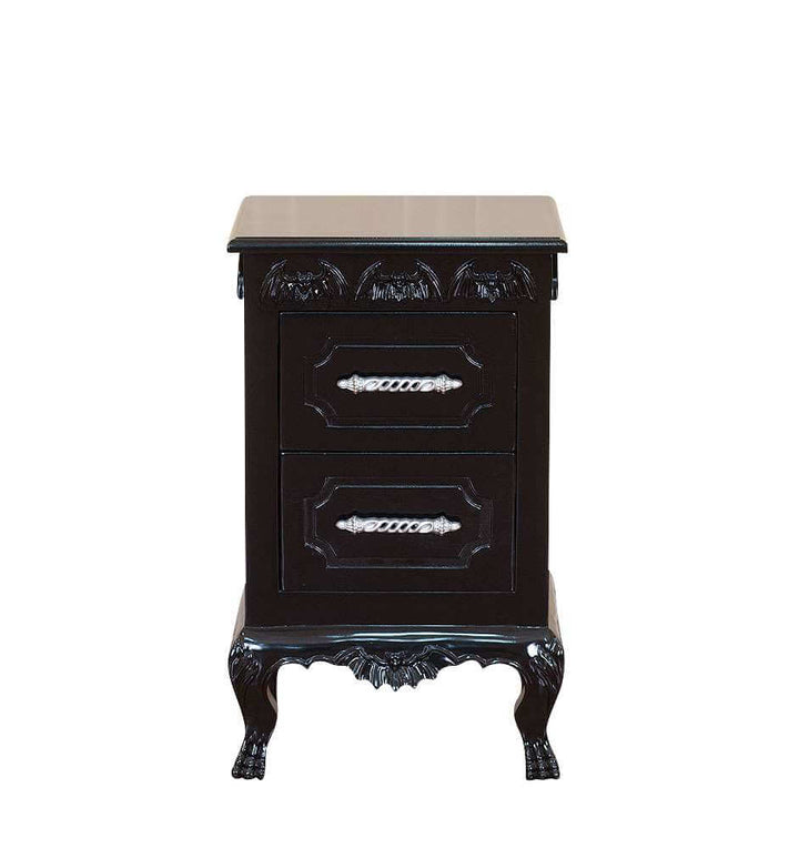 Haunt Queen of the Damned Side Table with bat carving, two drawer fronts and carved gothic feet