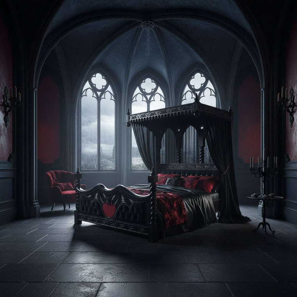 Angled view of the Queen of the Damned Cathedral Bed showing carved gothic arches, tall posts and architectural mahogany detailing