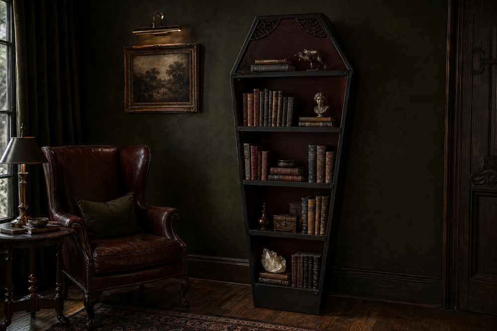 Tall dark timber coffin bookcase styled with books and sculptural objects in a refined dark academia library