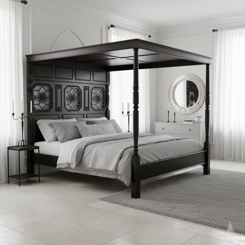 Styled view of the Alchemist Bed showing its architectural carved frame and dark gothic bedroom presence