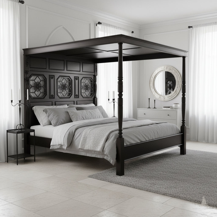 Styled view of the Alchemist Bed showing its architectural carved frame and dark gothic bedroom presence