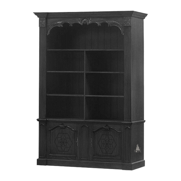 Haunt Alchemist Bookcase - handcrafted gothic bookcase with open shelving, carved arch details and lower cabinet storage, image 2.