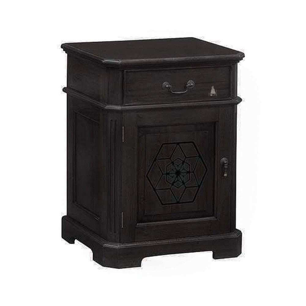 The Alchemist Side Table, a handcrafted dark timber side table with one drawer, a lower cupboard door and geometric front detailing.