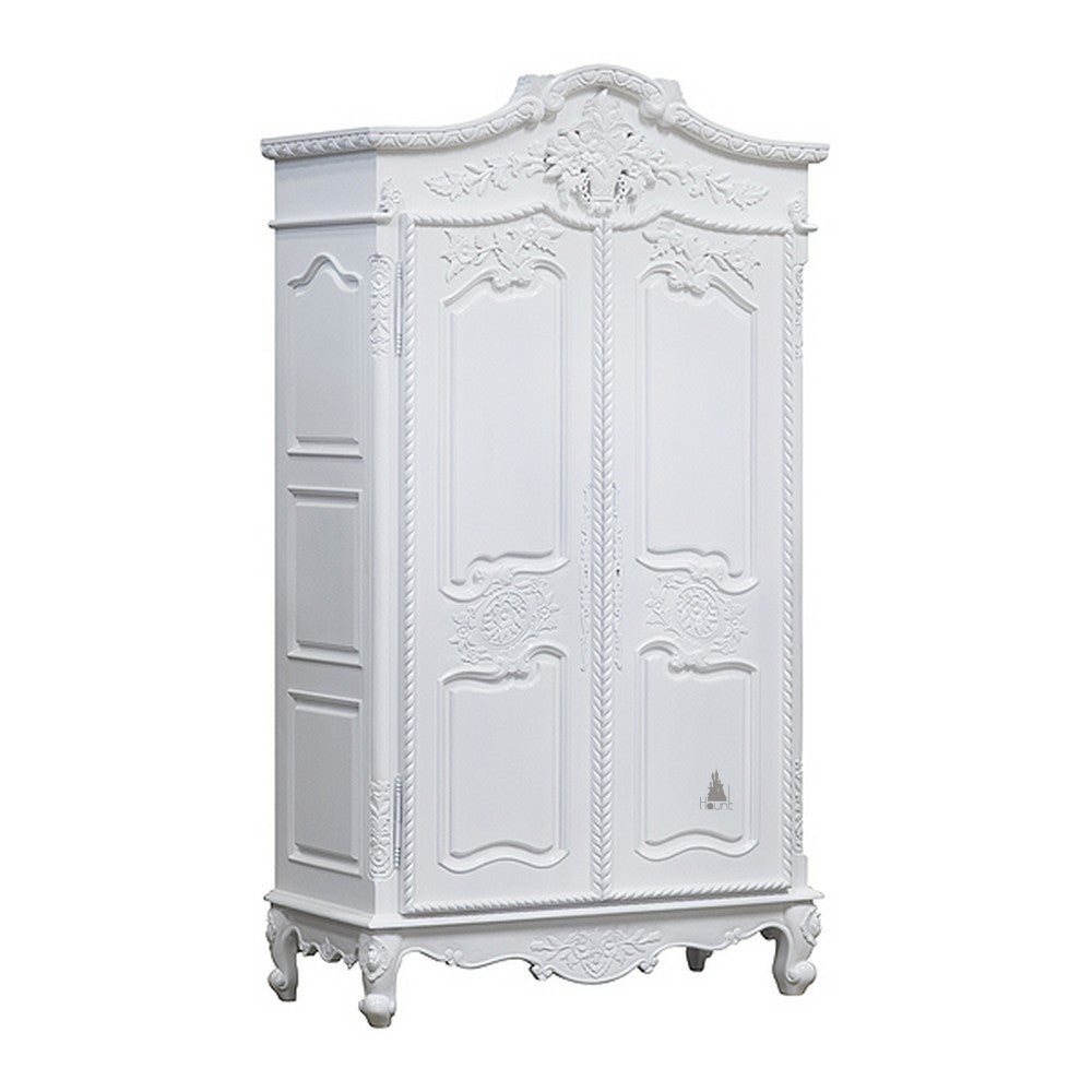 The Aphrodite Armoire, a handcrafted romantic armoire with carved double doors, an arched crest and raised panel detailing.