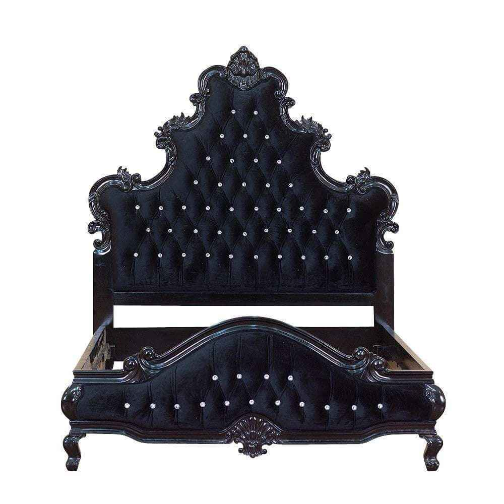 Front view of the Aphrodite Bed showing ornate baroque carving, upholstered panels and dark mahogany frame