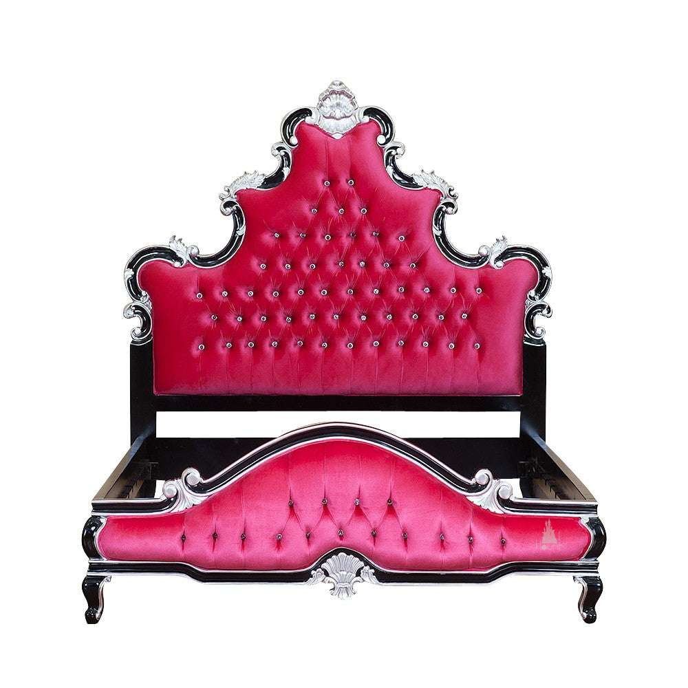 Aphrodite Bed footboard detail showing hand-carved baroque curves and dark gothic timberwork