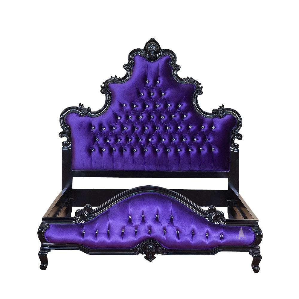 Styled view of the Aphrodite Bed showing romantic gothic proportions and carved mahogany detailing